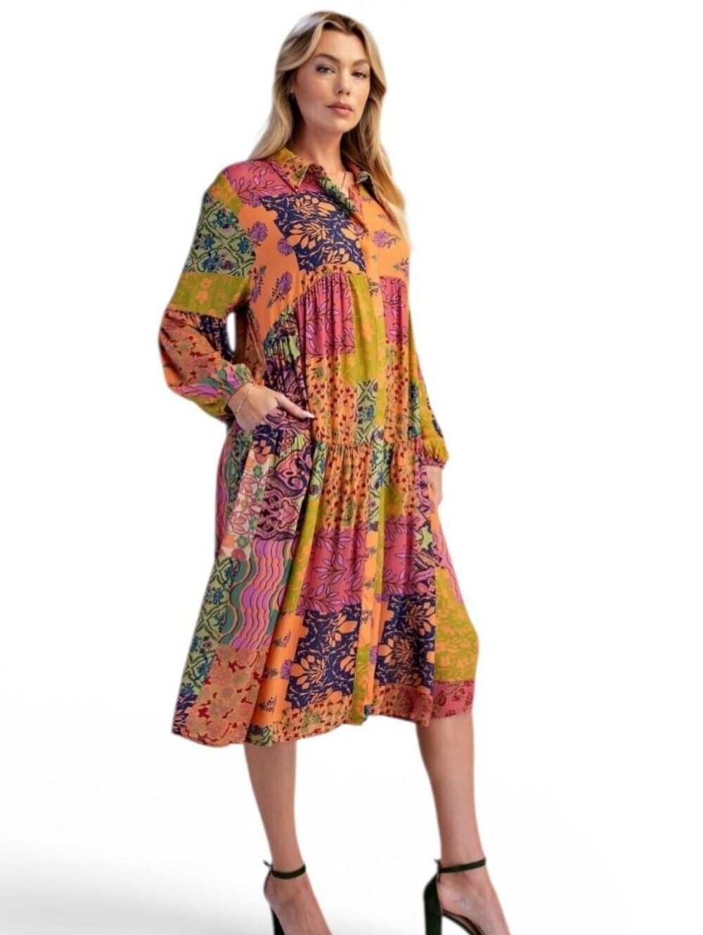 Easel Patchwork Print Rayon Gauze Shirt Dress New